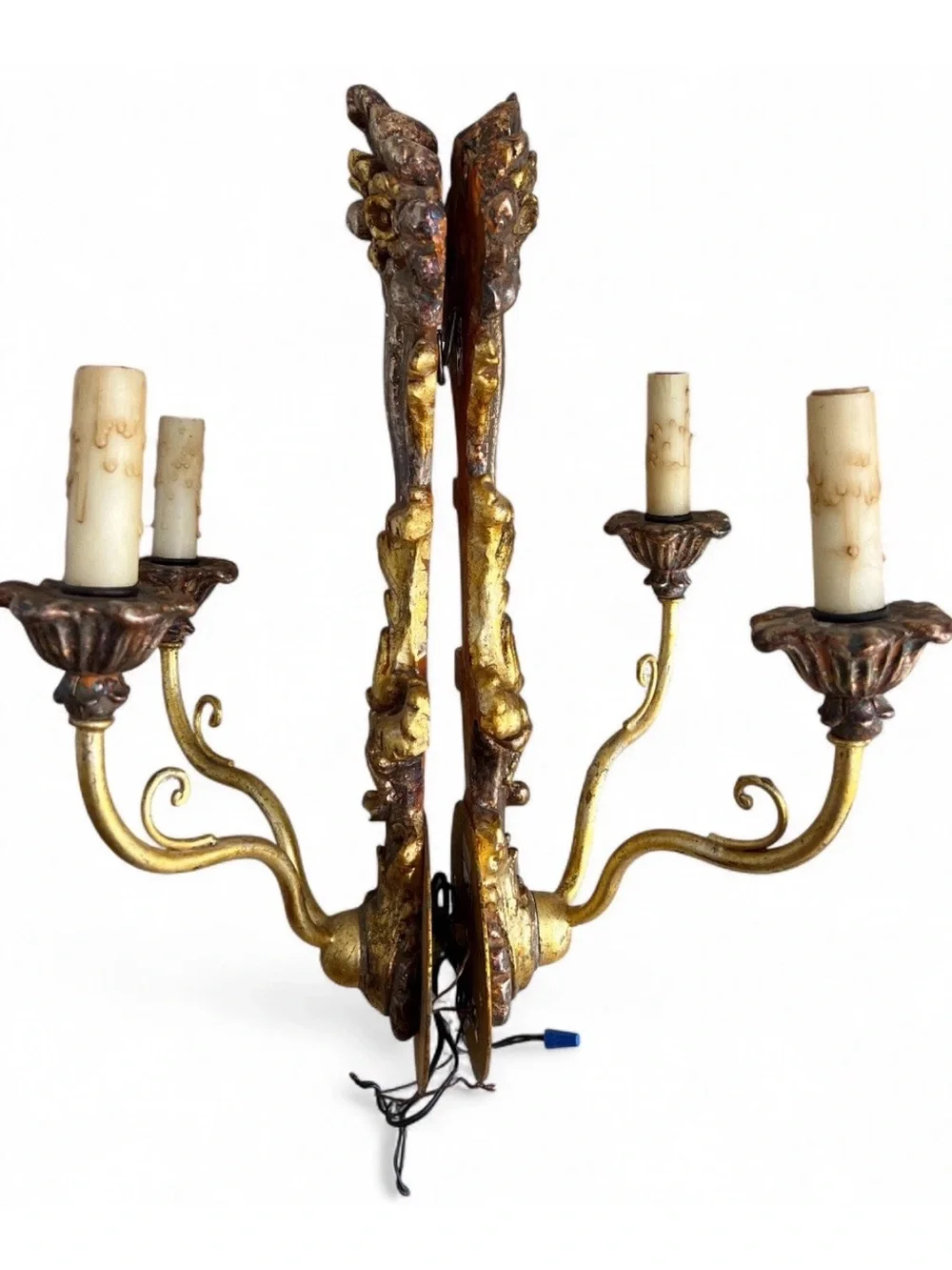 Pair Antique Carved Italian Gilt Gibson & Gibson 2-Arm Wired Wall Sconces